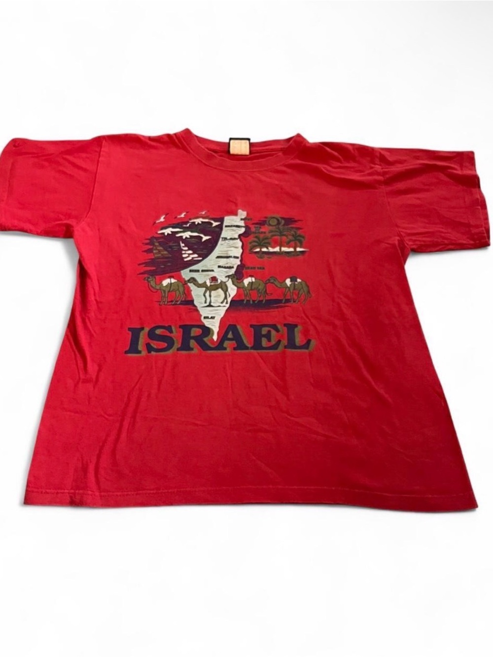 Vintage Israel Souvenir Map T-Shirt Large Camels Dolphins Jerusalem Tel Aviv 90s